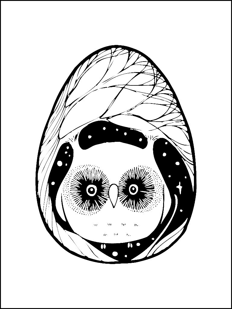 The picture in the shape of an egg - owl on a background of trees and the starry sky.